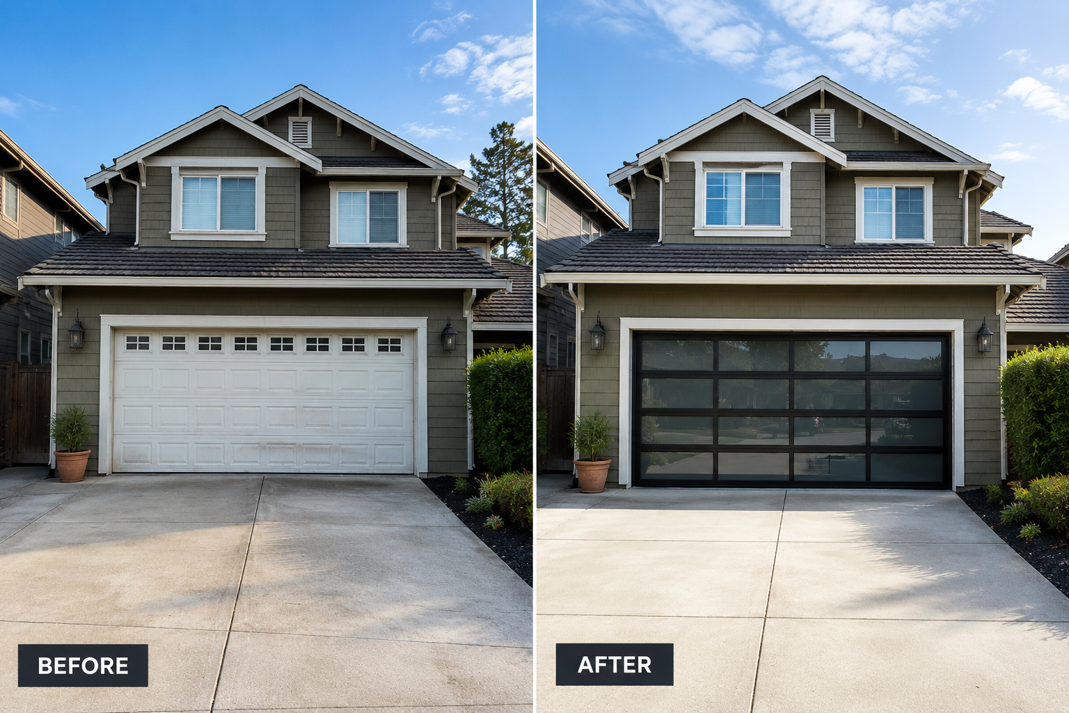 Before and after custom carriage-house garage door installation on a Browns Valley home in Napa